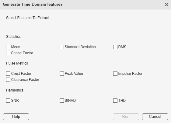 Time-domain features dialog box.