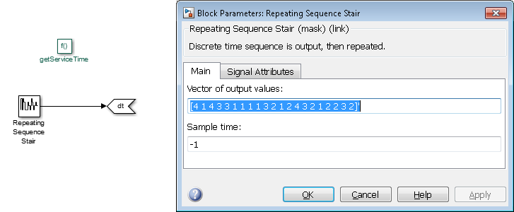 Inside the Simulink Function block including a Repeating Sequence Stair block. The Repeating Sequence Stair block window show the output values and sample time.