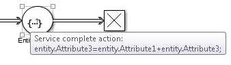Simple block diagram with mouse hovering over the Entity Server block event action icon: an ellipsis contained within curly brackets. The tooltip displays the Service complete action code.
