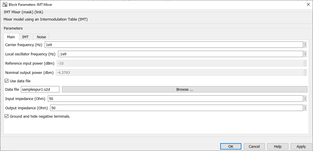 IMT Mixer block mask with Use data file enabled