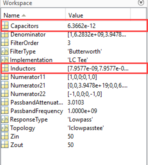 Capacitors and inductors variables in the MATLAB workspace.