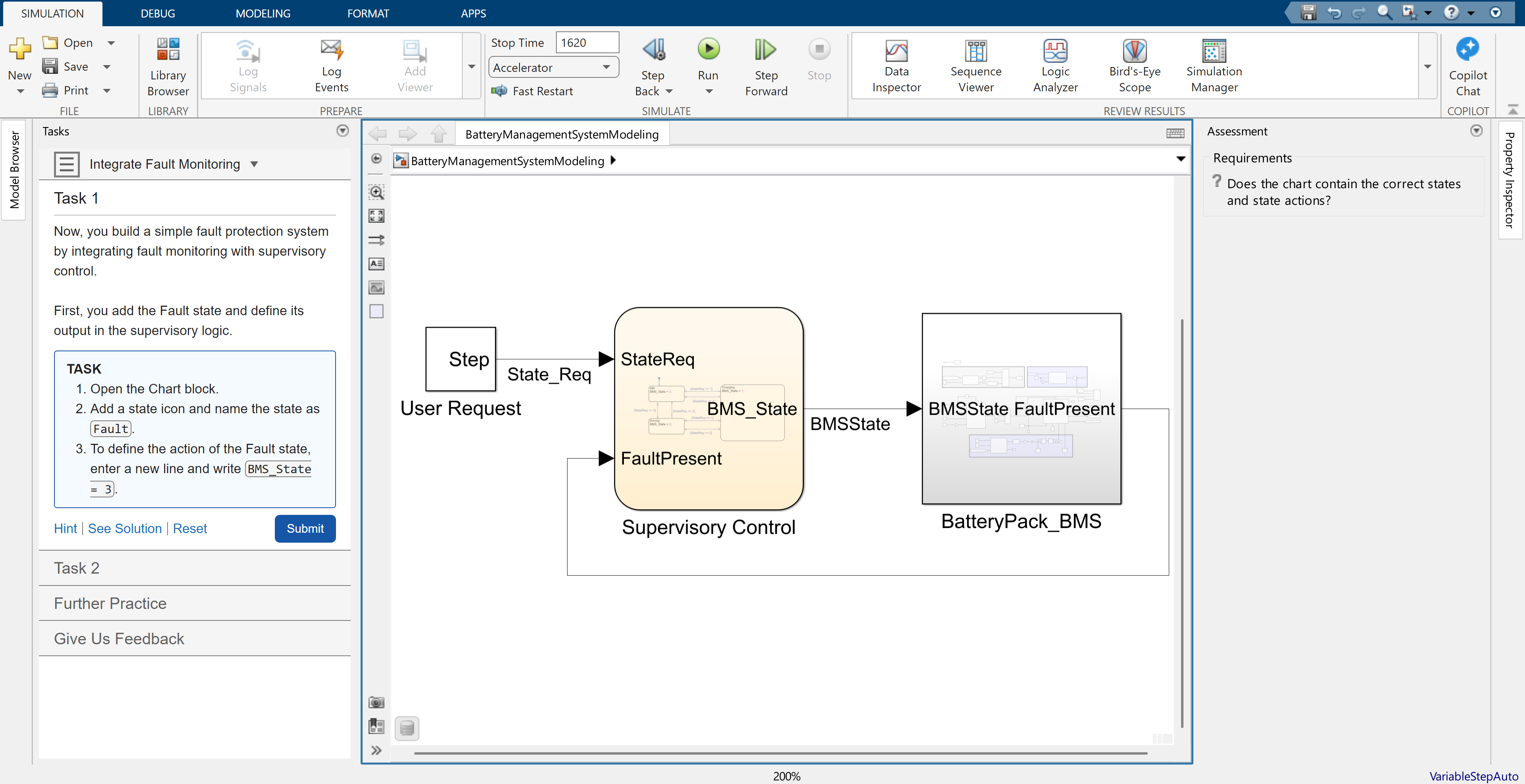 Battery Management System Modeling describes the task, displays an interactive model, and assesses whether the model matches the requirements set by the training.
