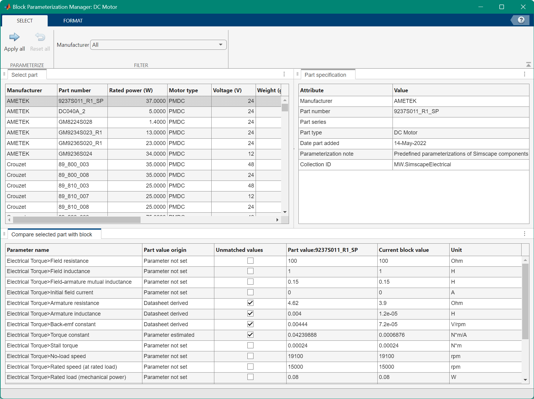 Block Parameterization Manager window for the Generic Engine block.