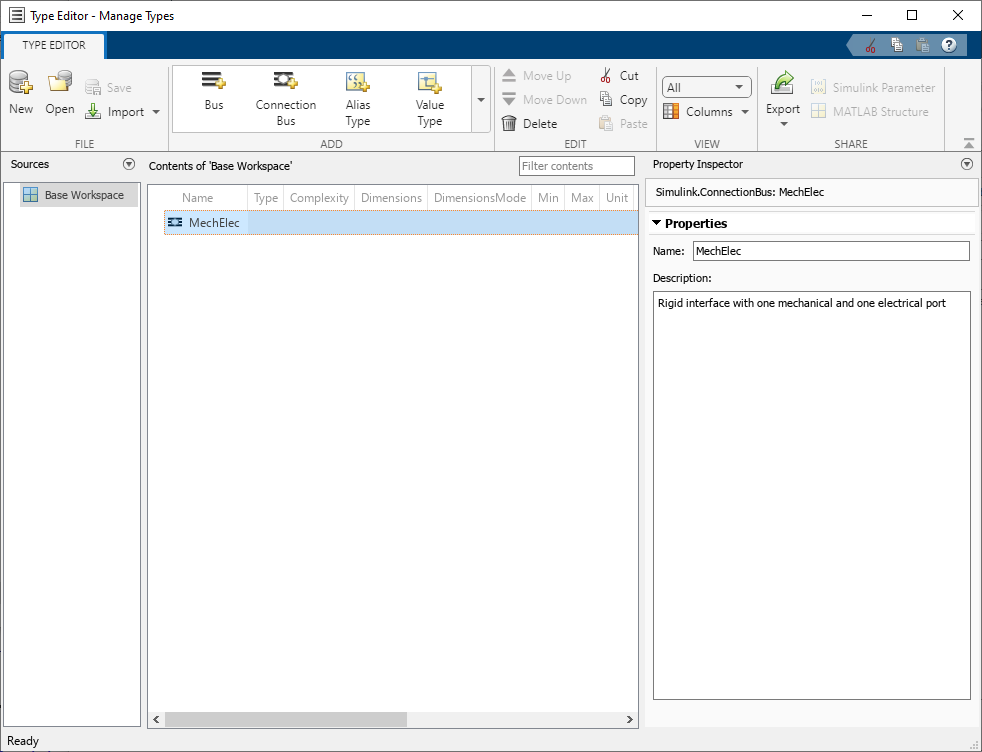 Type Editor with Connection Bus properties defined