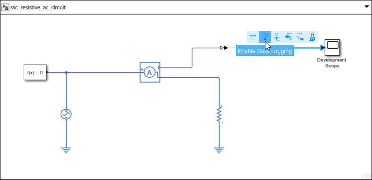 Resistive AC circuit model demonstrating the Enable Data Logging option