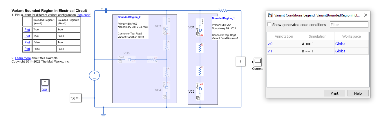 The simulation result of the variant bounded region in electrical circuit example model when BoundedRegion1 is active and BoundedRegion2 is inactive