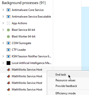 End MathWorks Service Host processes
