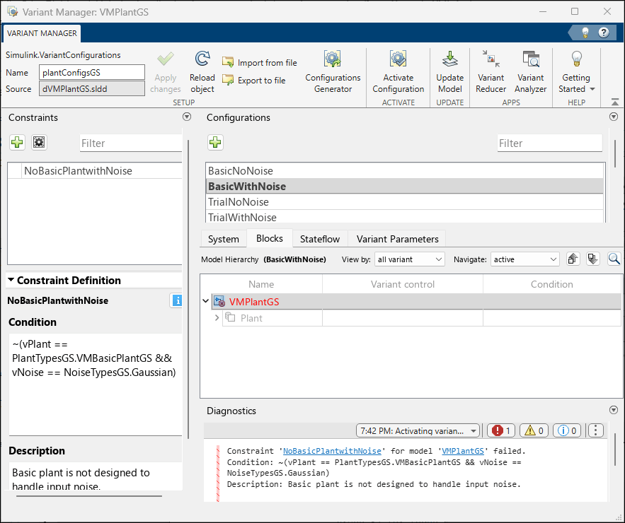 Variant Manager shows the newly added constraint in the Constraints pane. The Diagnostics pane shows the error that results when the BasicWithNoise configuration is activated.