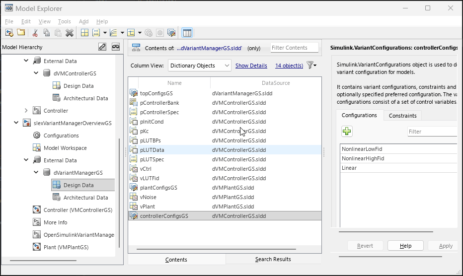 Model Explorer window shows the variant configuration objects associated with the model hierarchy as well as the data dictionary where they are stored.