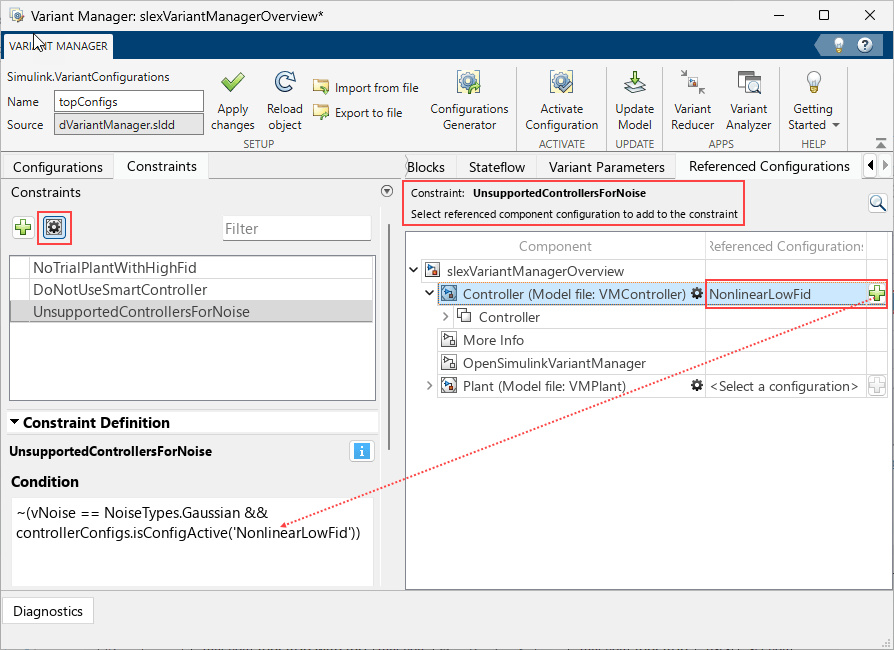 Component configurations view from Constraints tab shows a new constraint defined using referenced component configurations.