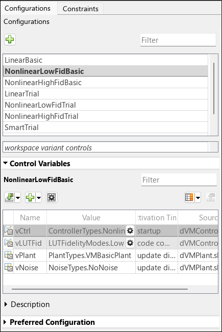 Variant configurations pane in Variant Manager