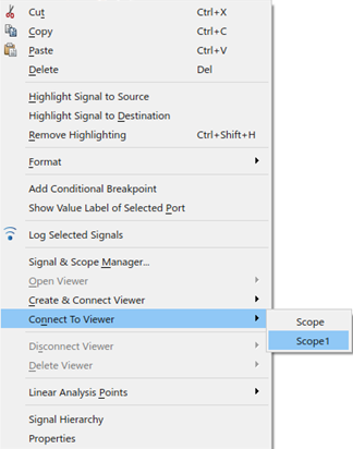 Window after right clicking a signal. Scope 1 is selected.