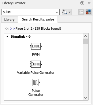 The Simulink Library Browser displays the results for the search term pulse, which include Pulse Generator and Continuous Pulse Generator blocks.