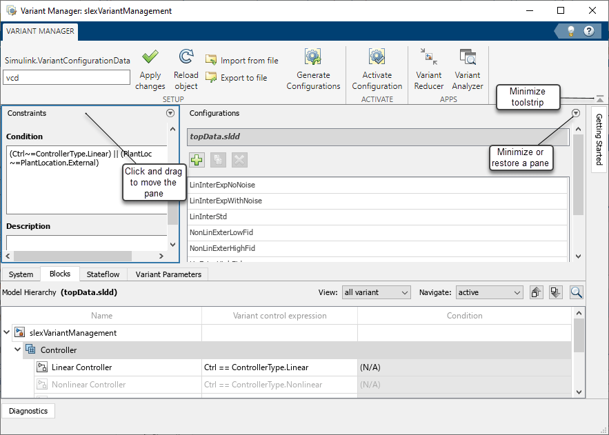 Variant manager window with custom layout