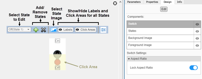 Customizable Toggle Switch block in design mode with the toolbar and the Design tab in the Property Inspector visible.