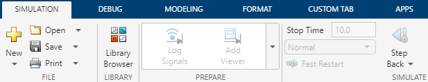 The Simulink Toolstrip with a custom tab titled CUSTOM TAB