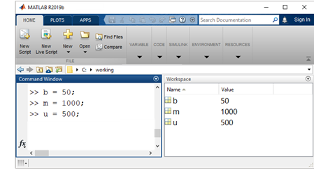 The Command Window contains the following lines of code: b=50; m=1000; u=500. The corresponding Workspace window shows that the variable b has a value of 50, m has a value of 1000, and u has a value of 500.