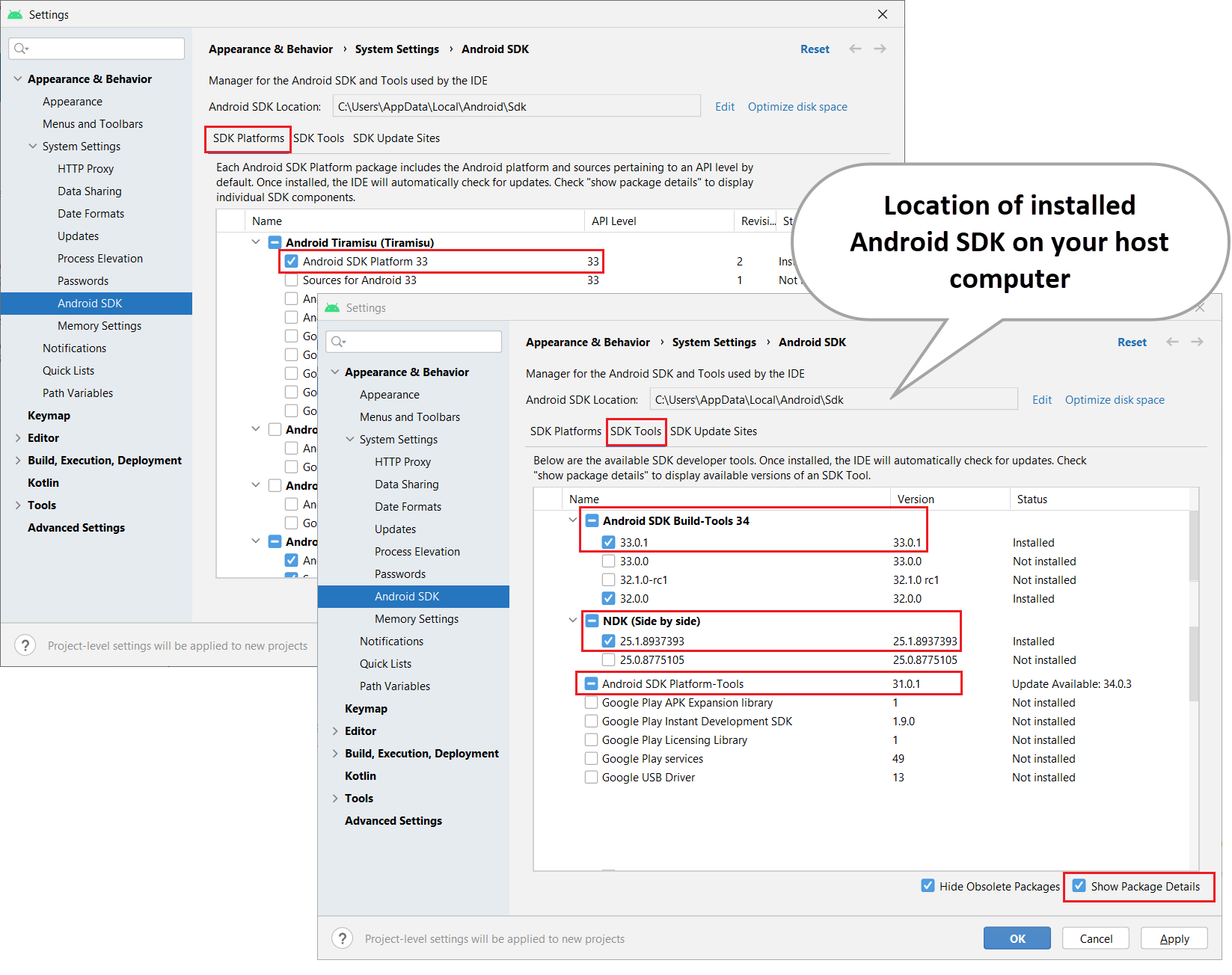 Android SDK location for tested version workflow