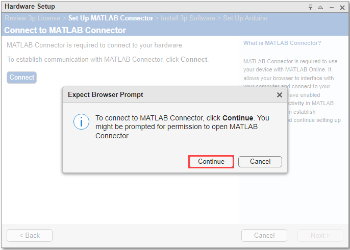 Request window for connecting with MATLAB Connector