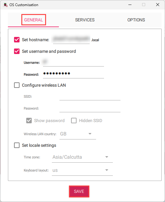 General tab in the OS Customization window