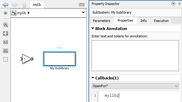 The Property Inspector lets you set the OpenFcn callback on the Properties tab.