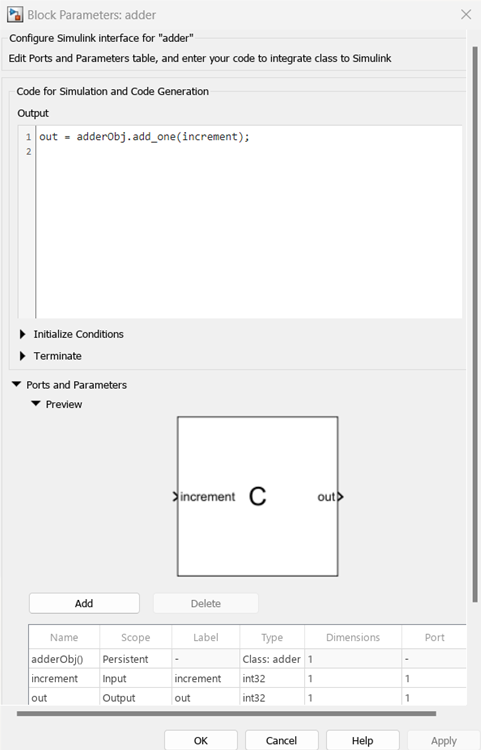 Preview and edit the ports of the C Function block that imports the class.