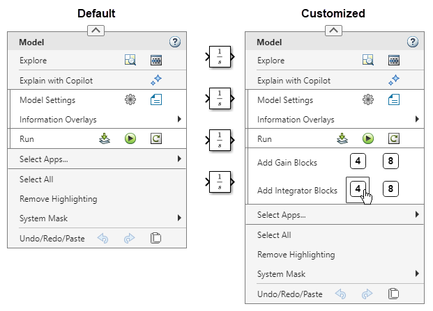 Context menu that opens when you right-click the model canvas on the left, and the same menu with two additional button rows on the right