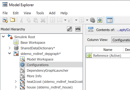 Model Explorer showing the configurations section of the model sldemo_mdlref_depgraph. The configuration reference Reference is shown as active in the contents pane.