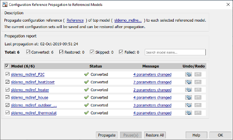 Configuration reference propagation dialog box. The models show the status converted.