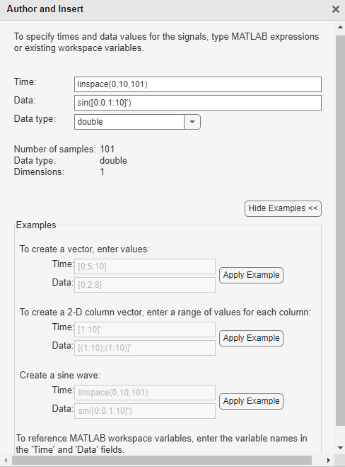 Author and Insert dialog box with Time set to linspace(0,10,101), Data set to sin([0:0.1:10]'), and Data type set to double