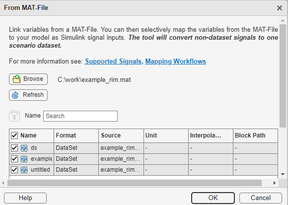 Contents of MAT-file dialog with signals from the MAT-file