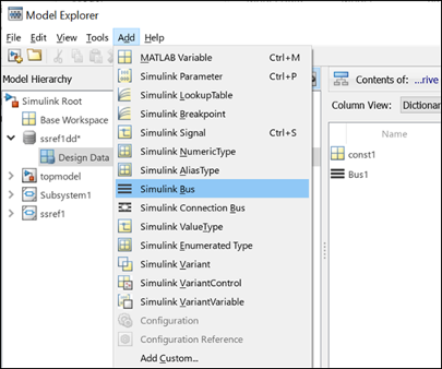 View of Model Explorer. On the left, a data dictionary node is expanded in the Model Hierarchy pane. On the right, the Contents pane displays the two objects contained in the Design Data section of the dictionary. More objects can be added from the Add tab.