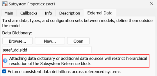 Subsystem Properties dialog box. When an external source is linked, an information message to restrict hierarchical resolution is displayed.