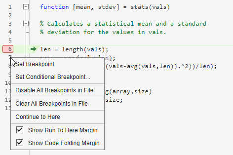 this image shows the line number context menu that appears when you debug a MATLAB Function block. The additional debugging options include Step Over, Step In, Step Out, Continue, and Stop