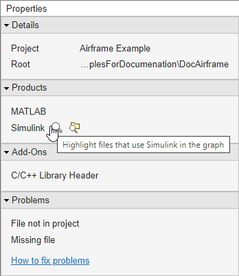 Product section of the Properties panel on the right. Point and click the magnifying glass next to the product name to highlight files that use a product.