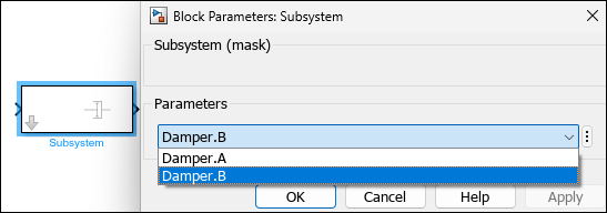 Subsystem block with translational damper element displayed on its icon. The Block parameters dialog box shows Damper.B selected.