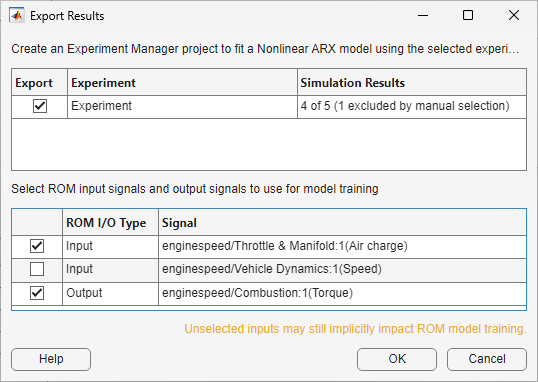 Export Results dialog box showing the experiments and signals to export to Experiment Manager