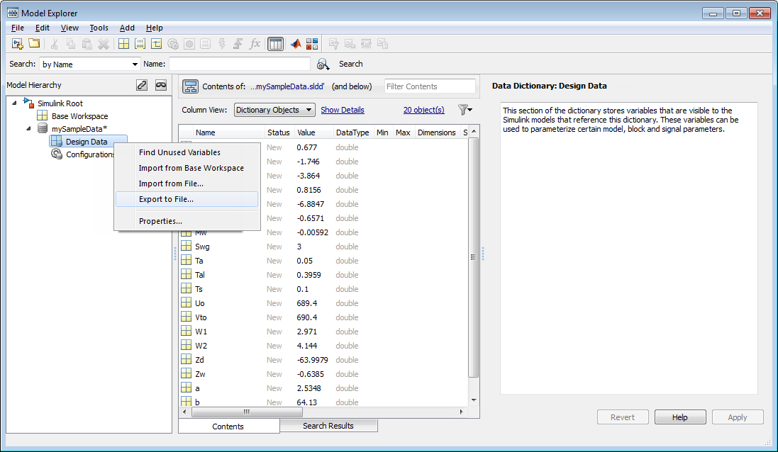 Context menu of Design Data node displayed with Export to File menu item selected