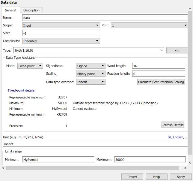 This image shows the fixed-point details for data named data with two issues.