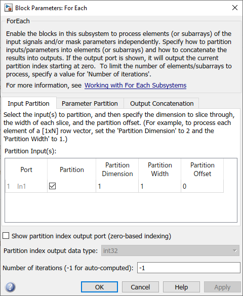 Input Partition tab of Block Parameters dialog box for For Each block