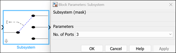 Subsystem block showing an image of a three-port switch in its icon, and with Number of Ports set to 3 in the Block Parameters dialog box.