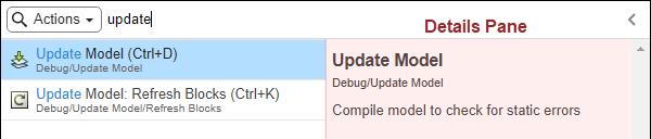 The quick Insert menu is open to the Actions tab with the word update in the search box. Two search results are displayed, Update Model (Ctrl+D) and Update Model: Refresh Blocks (Ctrl+K).
