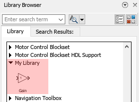 The Library Browser tree shows a library with the name My Library. My Library is expanded in the tree, and beneath the library name, there is a Gain block.