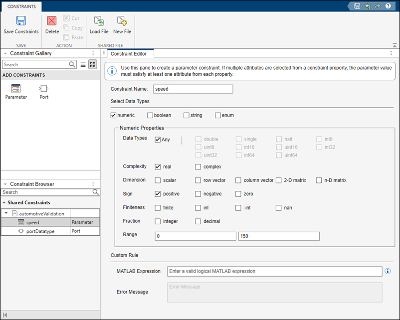 standalone constraint manager showing parameter and port constraint