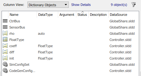 The Contents pane of Model Explorer with Design Data and Configuration sections from Controller.sldd displayed