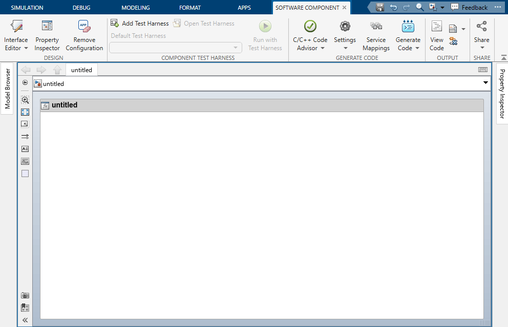 The Simulink editor shows the Software Component tab of the toolstrip selected. The modeling canvas shows a blank Simulink model with a visual boundary and a banner at the top of the boundary with the model name.