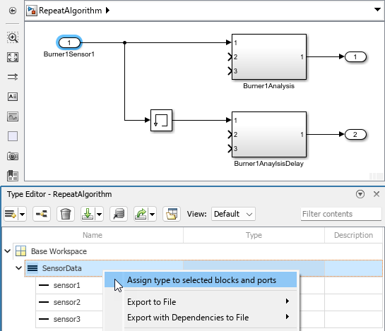 Model window with Inport block selected and pointer paused on Type Editor menu option