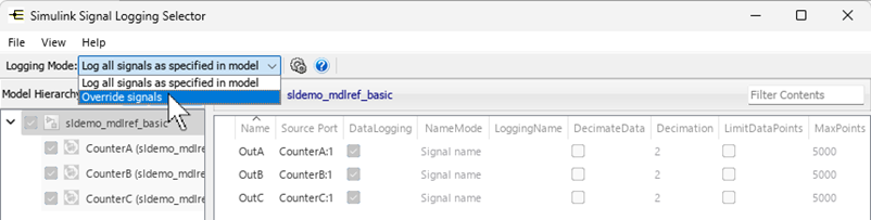 The Signal Logging Selector with the Logging Mode list expanded to show the Override signals option.