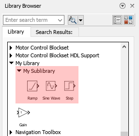 In the Library Browser tree, My Library is expanded. My Library contains a Gain block and a sublibrary called My Sublibrary. My Sublibrary is expanded and contains a Ramp block, a Sine Wave block, and a Step block.