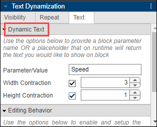 Text Dynamization pane showing the Dynamic Text section of the Text tab. Parameter/Value is set to Speed.